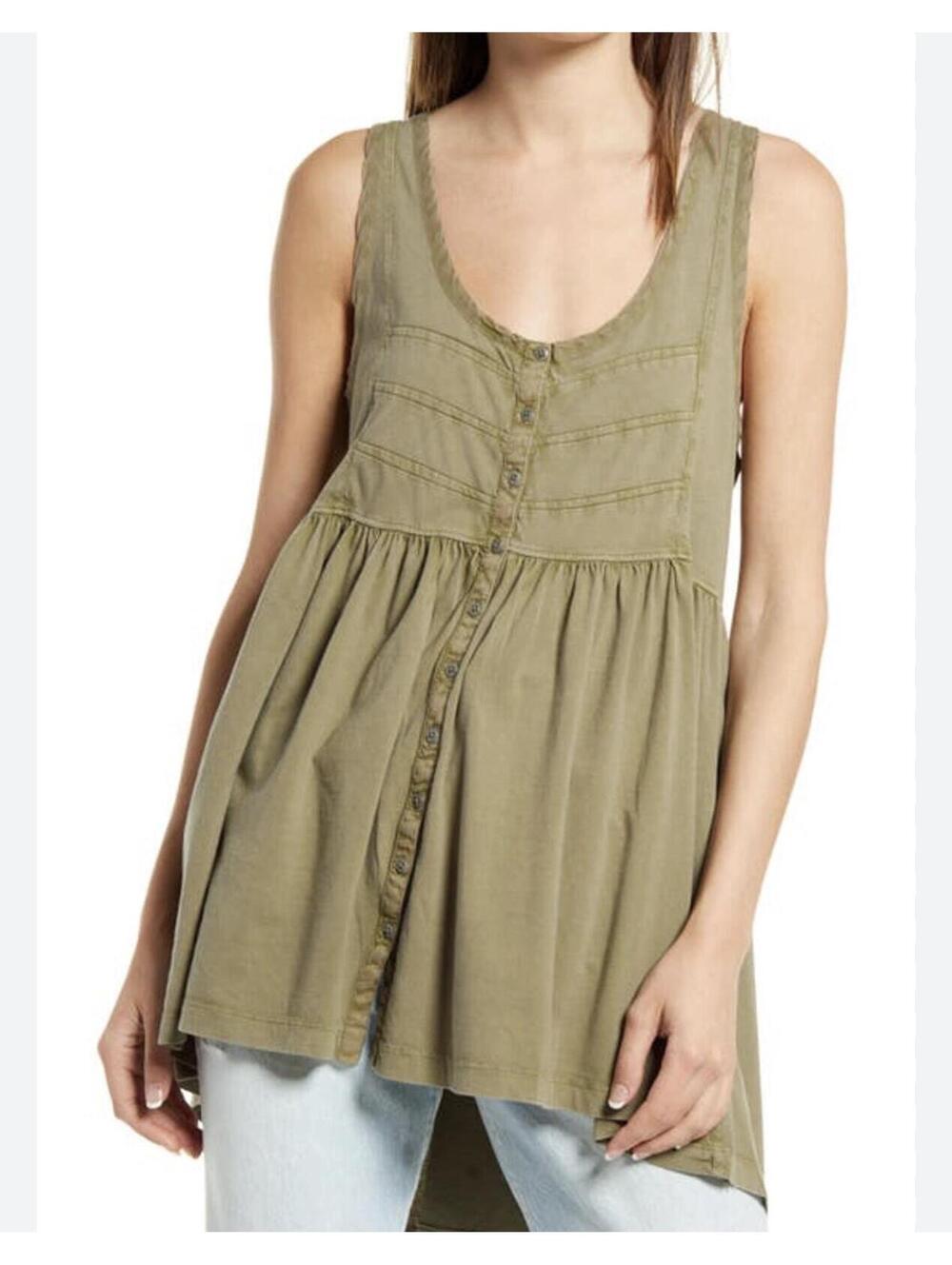Free People Brooke Tunic Dress Sage Green Button Front Sleeveless Boho Top